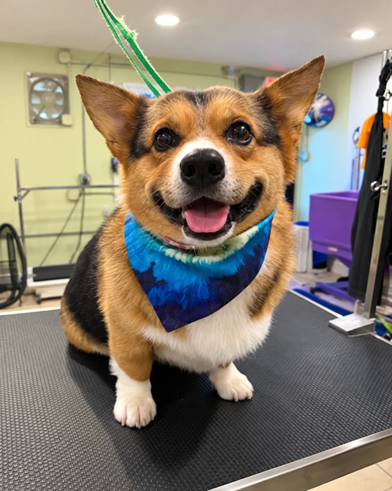 Brown, black, and white dog wearing a blue bandana on a grooming table