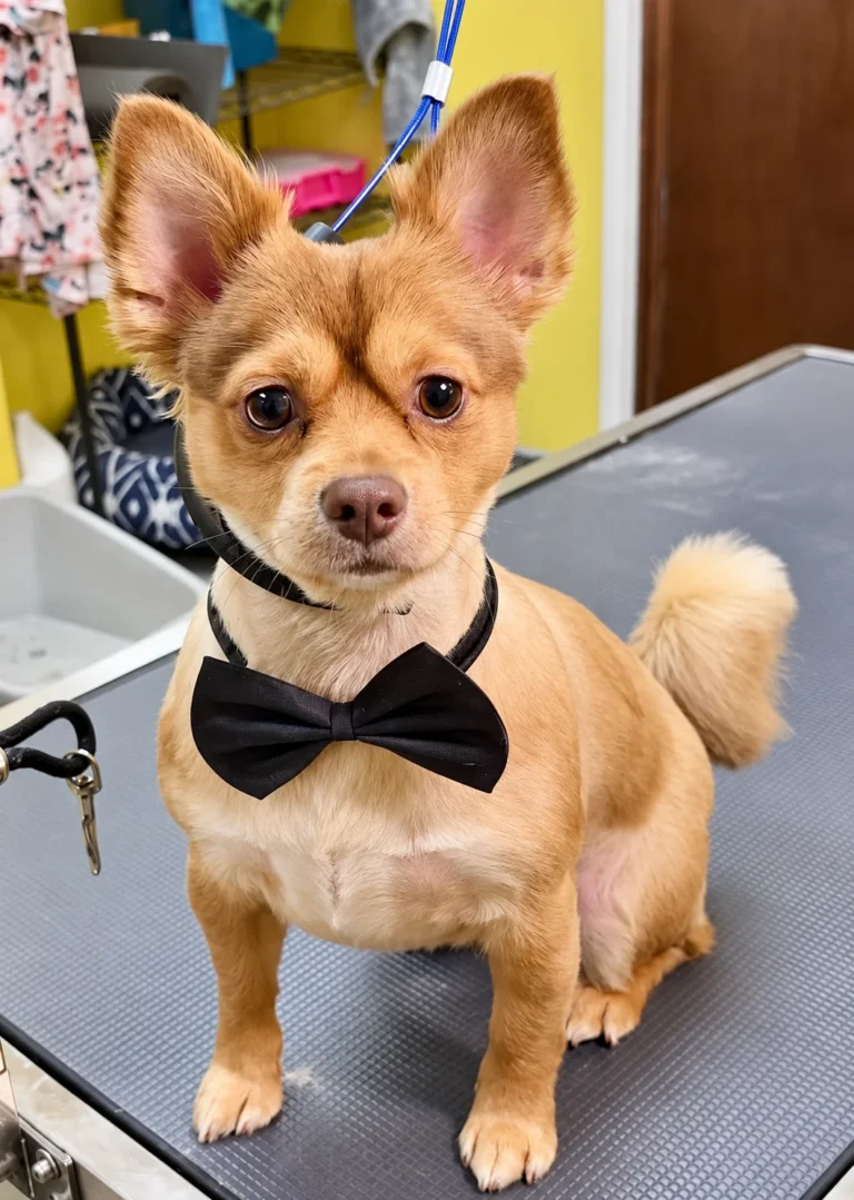 Small tan dog wearing a black bow tie on a grooming table