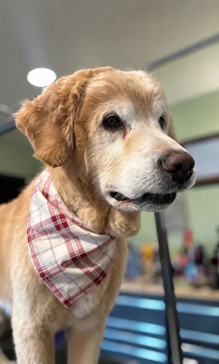 Golden dog wearing a plaid bandana after grooming