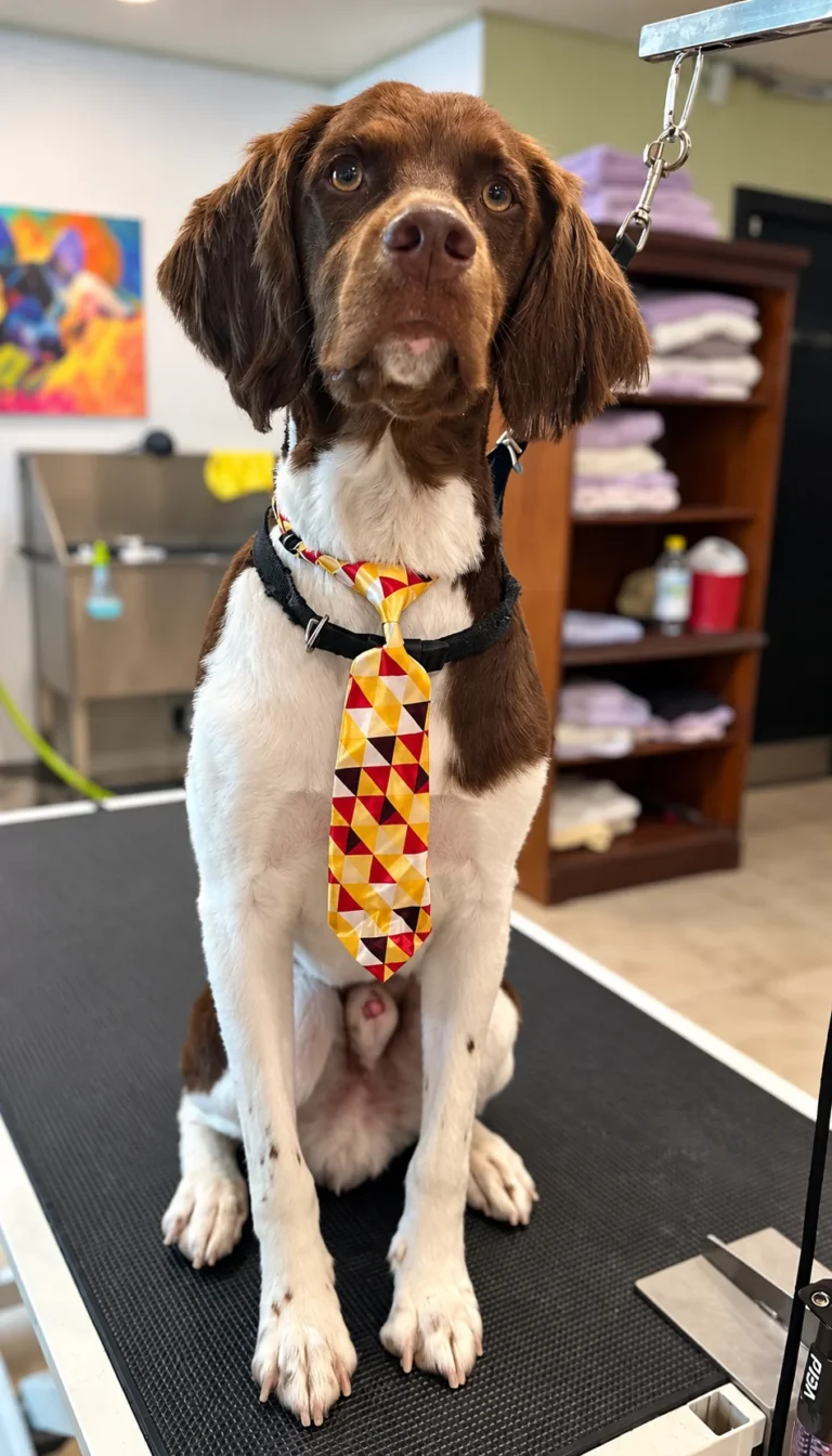 Brown-and-white dog wearing a yellow geometric-patterned tie