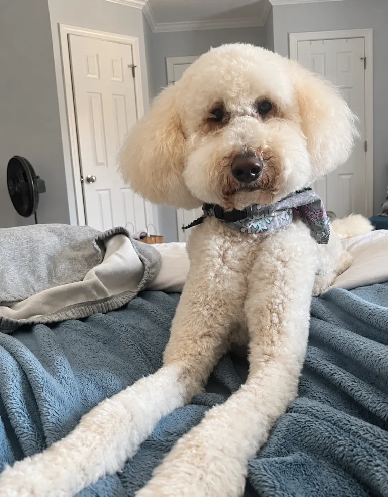 Small cream curly-coated dog wearing a gray patterned bow tie