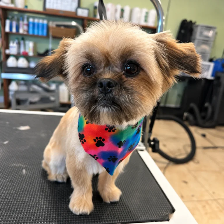 Small shaggy brown dog wearing a colorful paw-print bandana