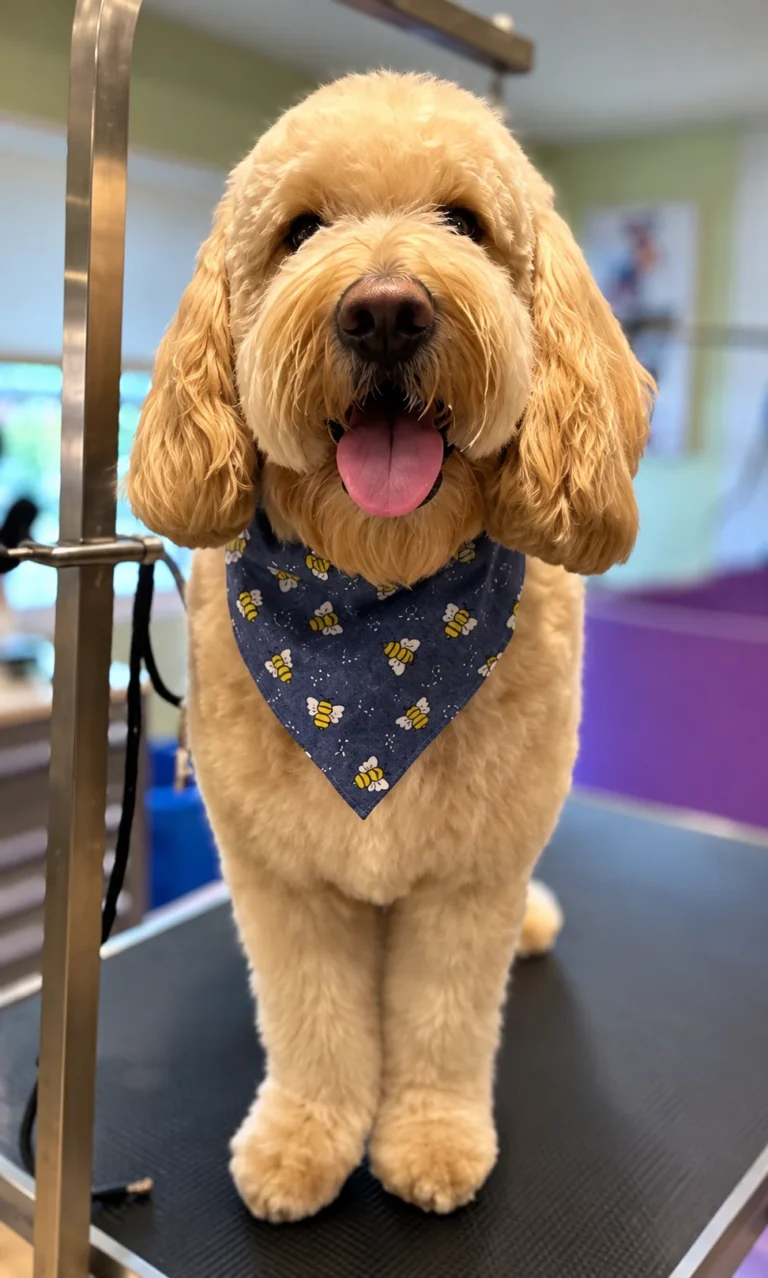 Golden curly-coated dog wearing a navy bee-patterned bandana