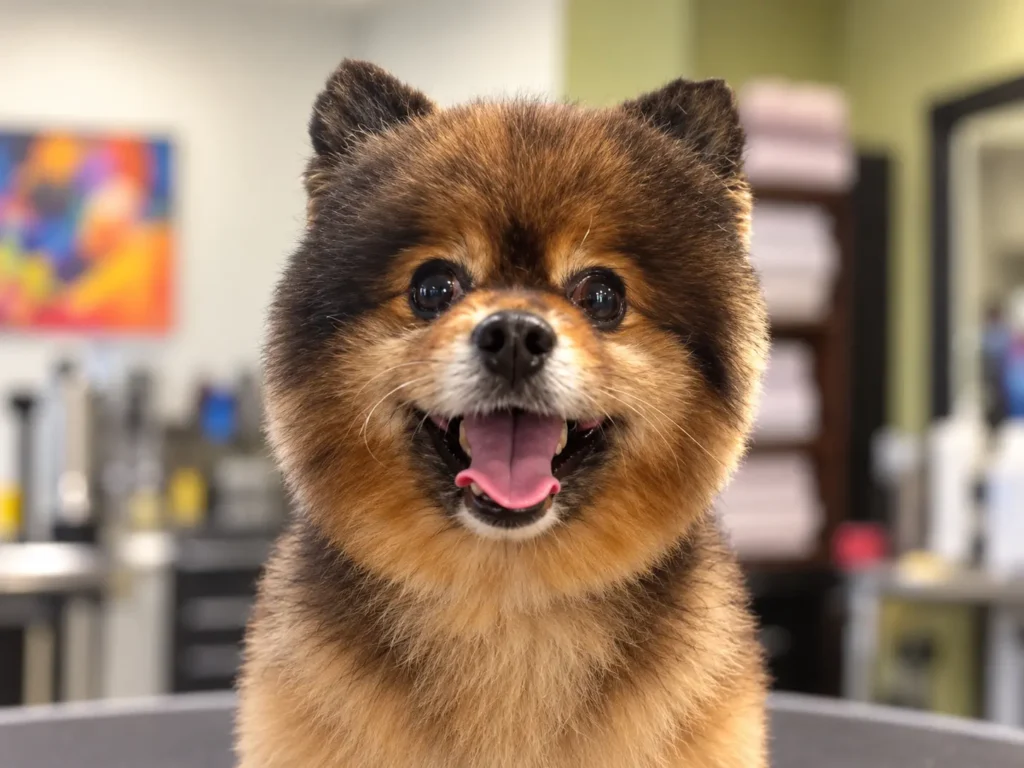 Fluffy brown and black dog with a happy expression in the grooming salon.