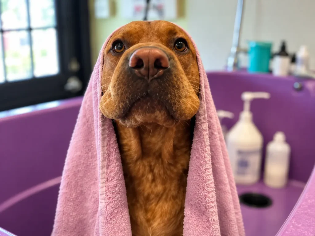 Brown dog with a pink towel around its head in a purple wash tub.